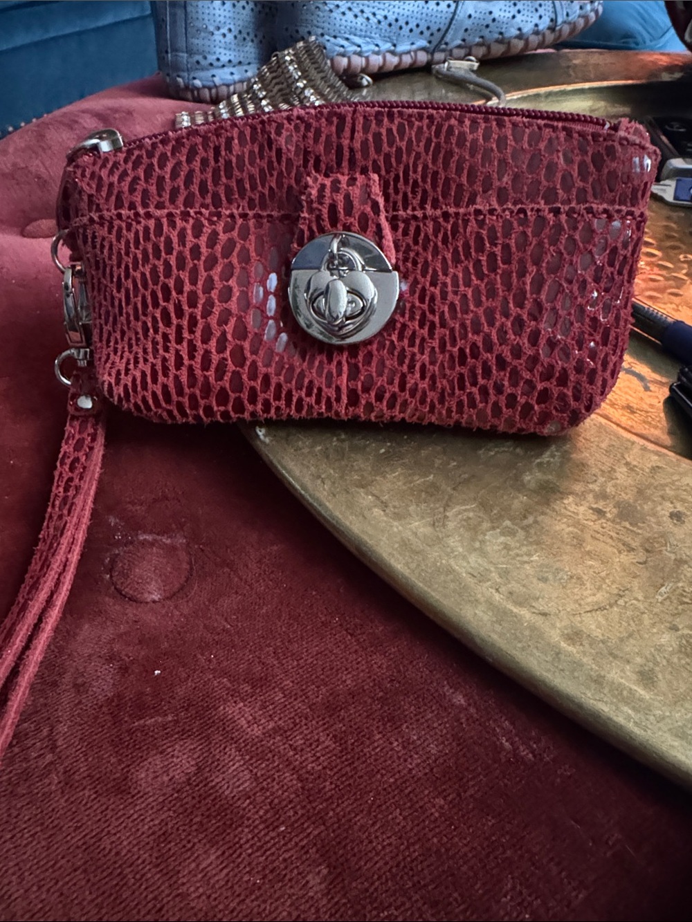 Sorial Red Textured Wristlet Clutch with Silver Turn-Lock Accent